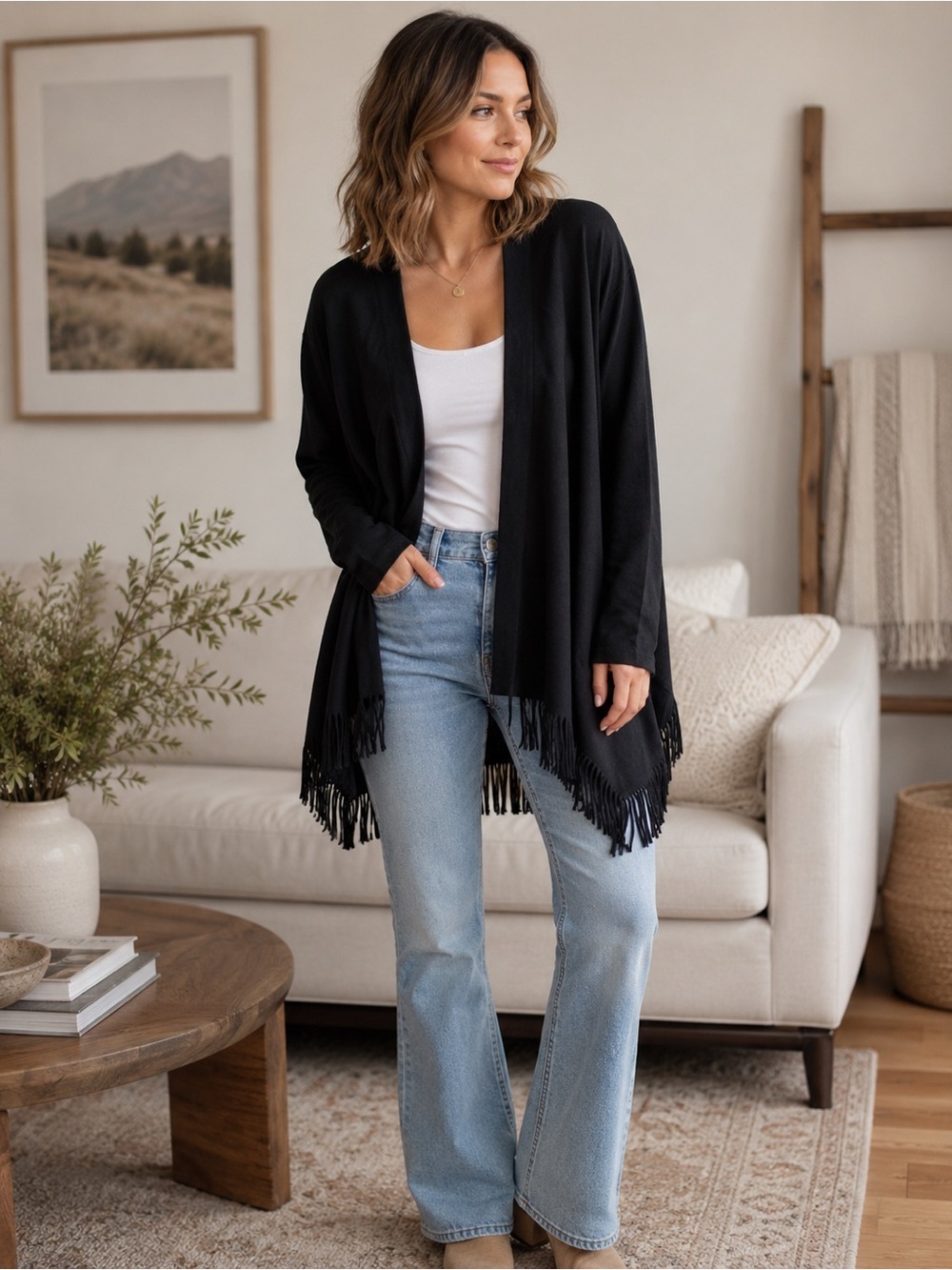 Gianni Bini Black Fringe Cardigan | Boho Open Front Jacket Size Small